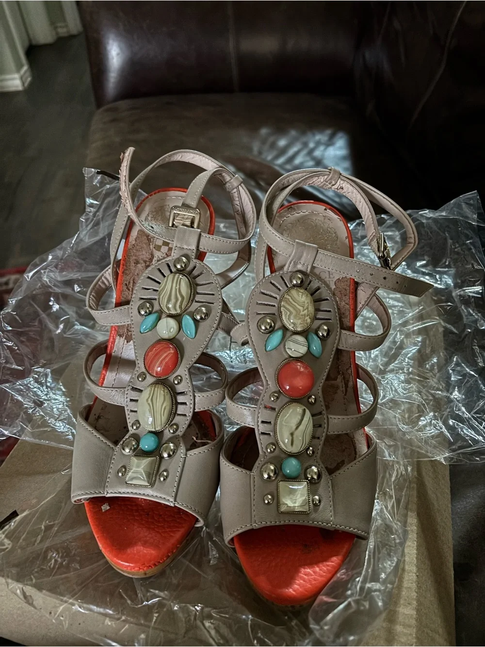 Vince Camuto Taupe Strappy Heels with Coral and Turquoise Stones